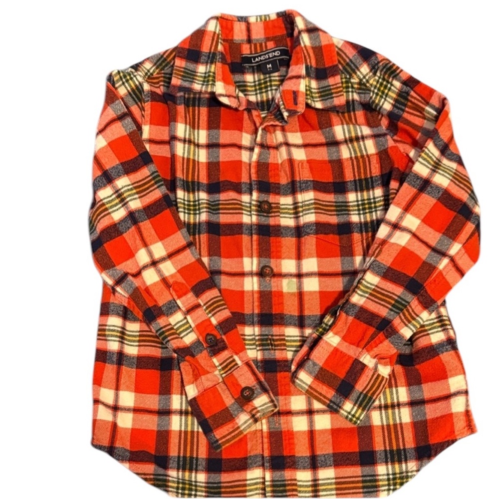 5 for $25 Lands' End orange blue flannel Plaid button down Shirt boys 5/6 (m)